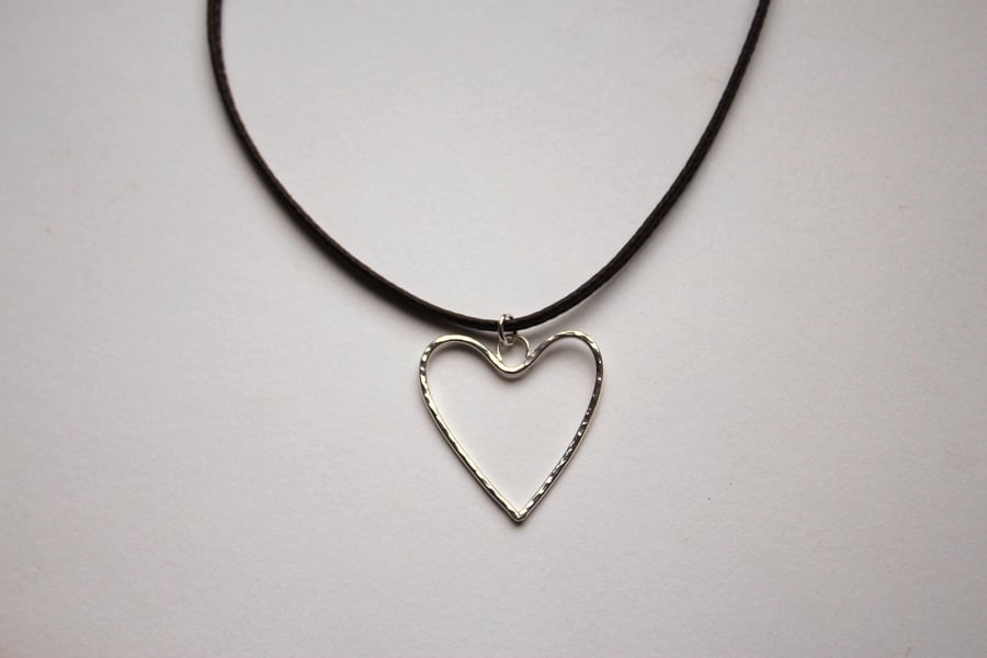 Hammered Silver Heart Pendant On Brown Leather Necklet