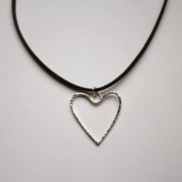 Hammered Silver Heart Pendant On Brown Leather Necklet