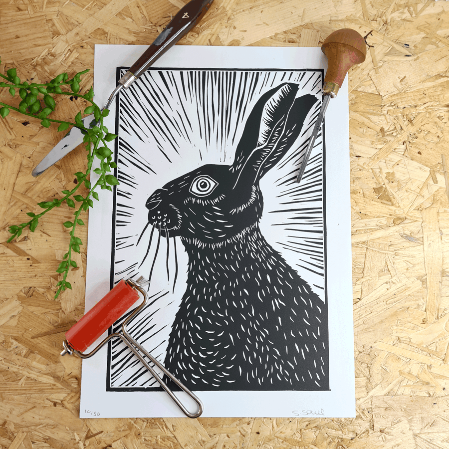 Hare Handprinted limited edition A4 original Lino print 