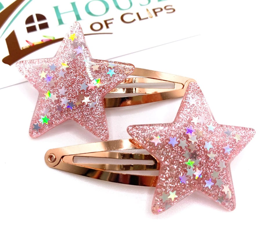 Sally Star Hair Clips x2 - Star Hair Slides - Sparkly Pink Hair Clips - Shining 