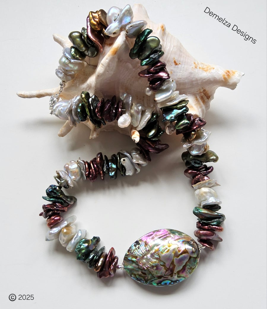 Keshi Freshwater Cultured Pearl, & Abolone Shell Pearl Necklace 