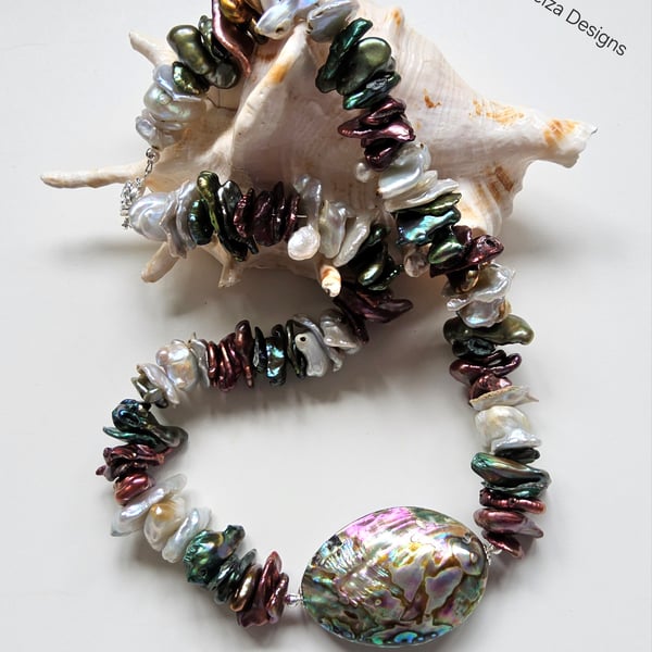 Keshi Freshwater Cultured Pearl, & Abolone Shell Pearl Necklace 