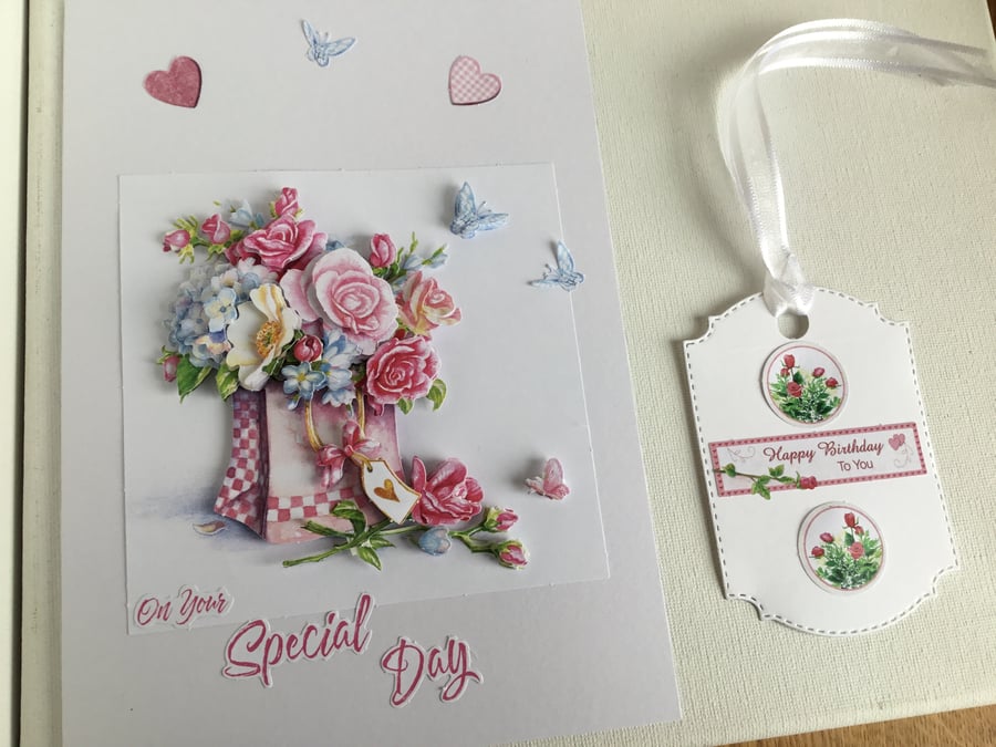 Birthday card and gift tag set. Birthday card. Birthday. Decoupage. CC820