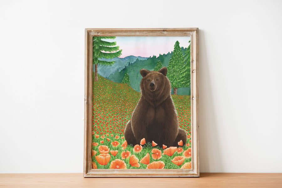 Bear in poppy field landscape art print