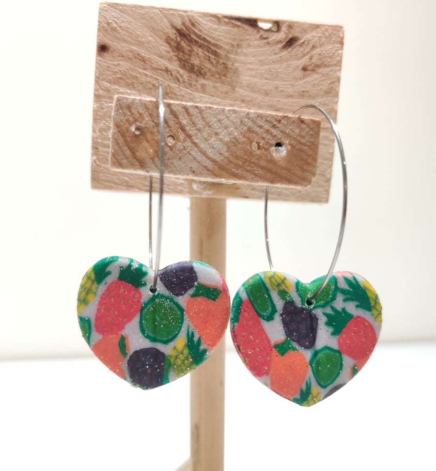 Fruity heart polymerclay hoop earrings