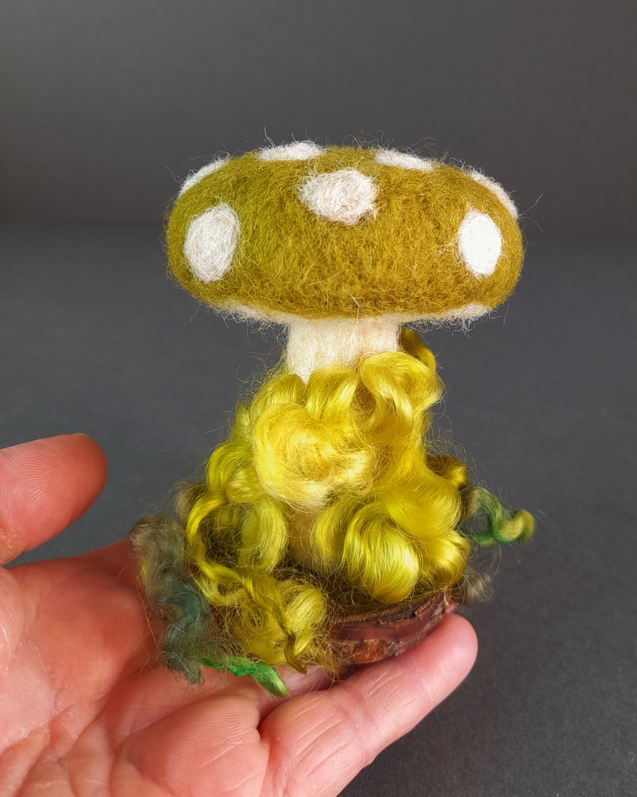 Green Toadstool Mushroom in Moss Needle Felted with Wool Fibres.