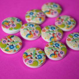 15mm Wooden Retro Floral Buttons Pink Yellow Green Blue 10pk Flowers (SF38)