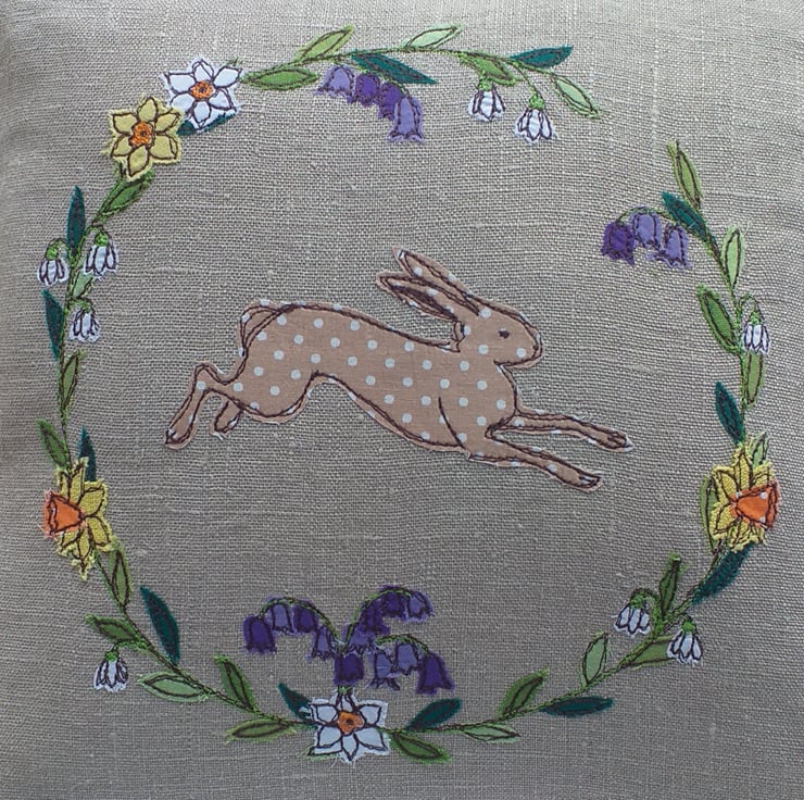Cushion with Embroidered Hare and Spring Wreath - Folksy