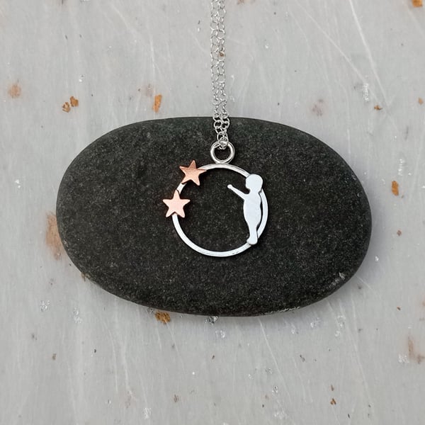 Sterling silver child and copper stars necklace – unique figurative pendant