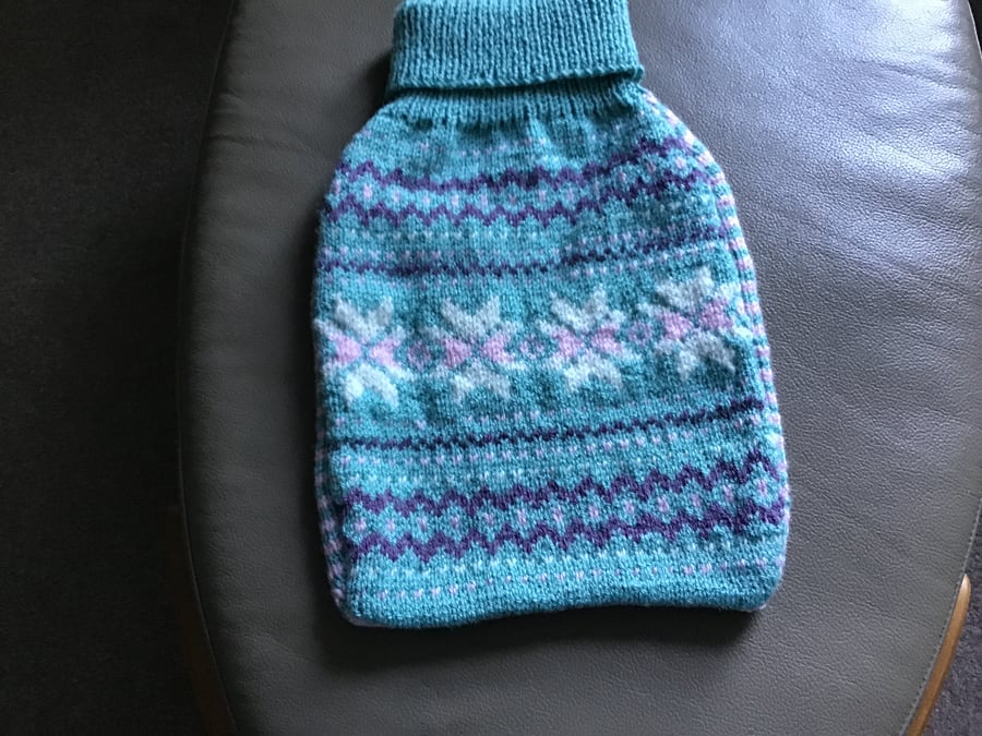 Knitted fair isle hot water bottle cover and bottle