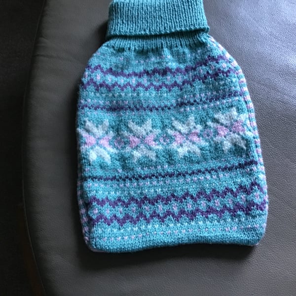 Knitted fair isle hot water bottle cover and bottle