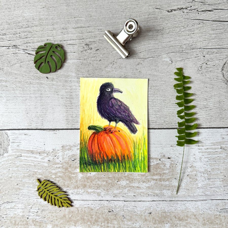 Raven Crow Miniature Original ACEO painting - One of a kind