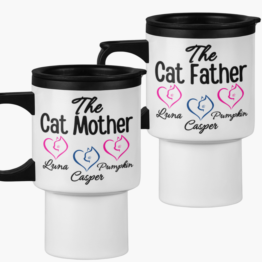 Personalised Cat Owner COUPLES Travel Mugs Set of 2 CAT Father & CAT Mother