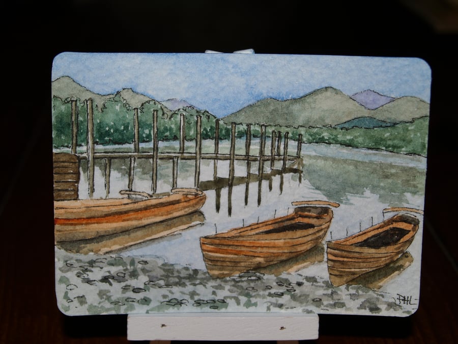 ACEO Original Lake District Boats on the shore