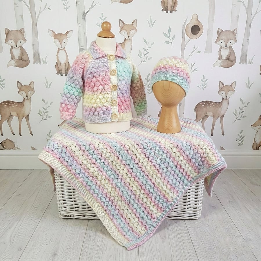 Hand knitted matching baby blanket, cardigan and hat, bubble stitch pattern