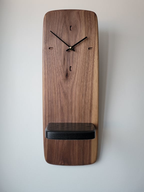 Wall Clock Long with Shelf - Walnut Ebonised Oak Black Hands Dash Indicators