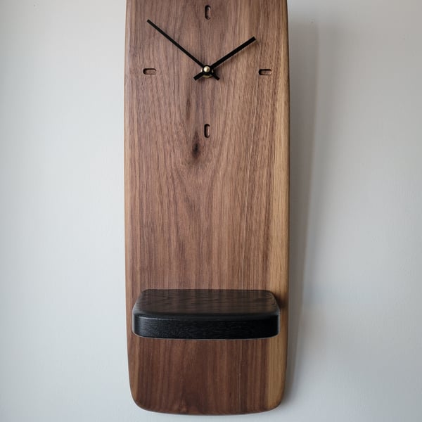 Wall Clock Long with Shelf - Walnut Ebonised Oak Black Hands Dash Indicators