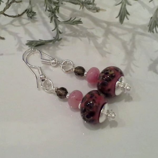Designer Frit Lampwork Beads, Quartzite, Smokey Quartz Earrings Silver Plate