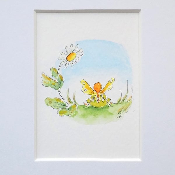 S A L E   Miniature Watercolour Fairy Illustration 'Day Dreaming' (5.5cm x 5cm)