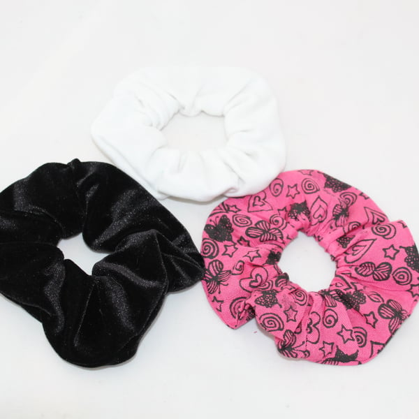 Elastic set of 3 hair scrunchies,black, white and pink butterfly print,Eco gift