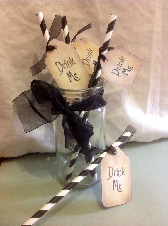 Retro Paper Straws With Drink Me Tags, Set of 6 - B&W Stripe