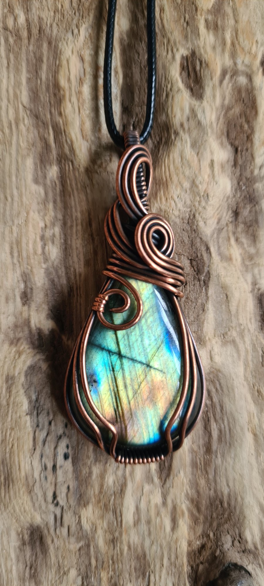 Handmade Natural Labradorite & Antiqued Copper Necklace Pendant Boxed Crystal