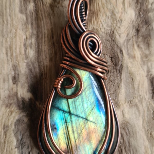 Handmade Natural Labradorite & Antiqued Copper Necklace Pendant Boxed Crystal