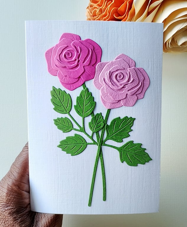 Pink Paper Roses - Flower Shop Moments, Blank Handmade Floral Card 