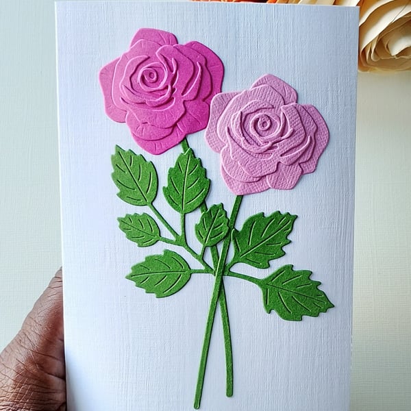 Pink Roses - Flower Shop Moments, Blank Handmade Floral Card 