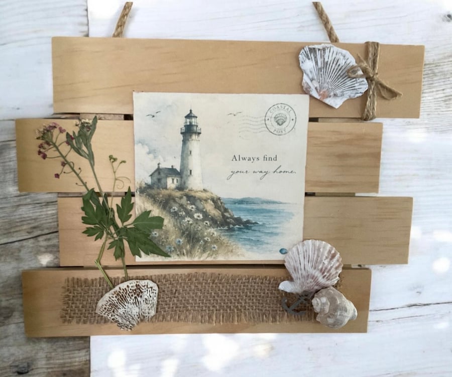 Coastal Lighthouse Wooden Wall Hanging Decor with Shells & Pressed Flowers