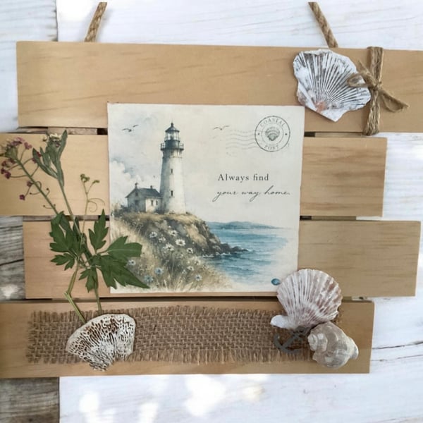 Coastal Lighthouse Wooden Wall Hanging Decor with Shells & Pressed Flowers