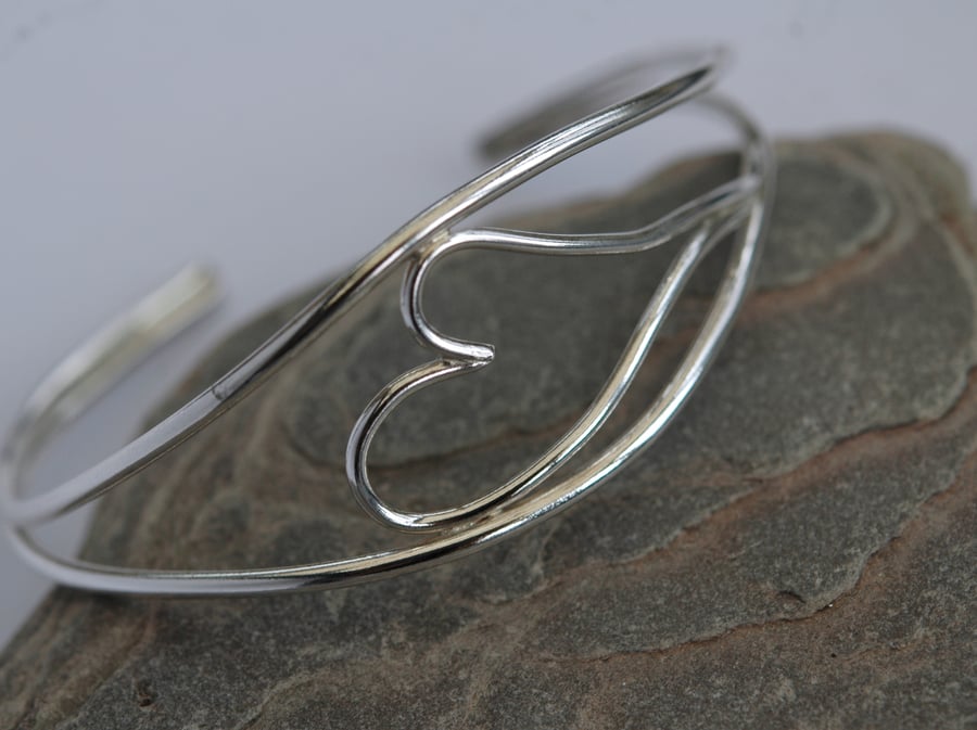 Sterling Silver Cuff Bangle with enclosed Heart,  B45
