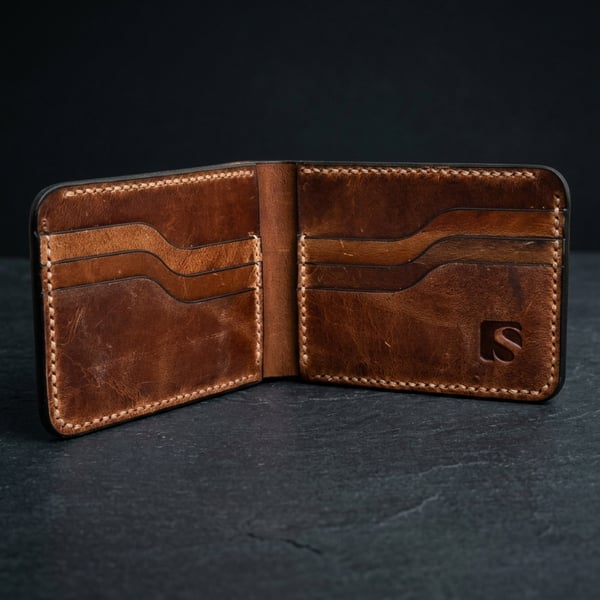Cognac Tan Full Grain Leather Bifold Wallet 6 Card Slots Mens Classic Wallet UK