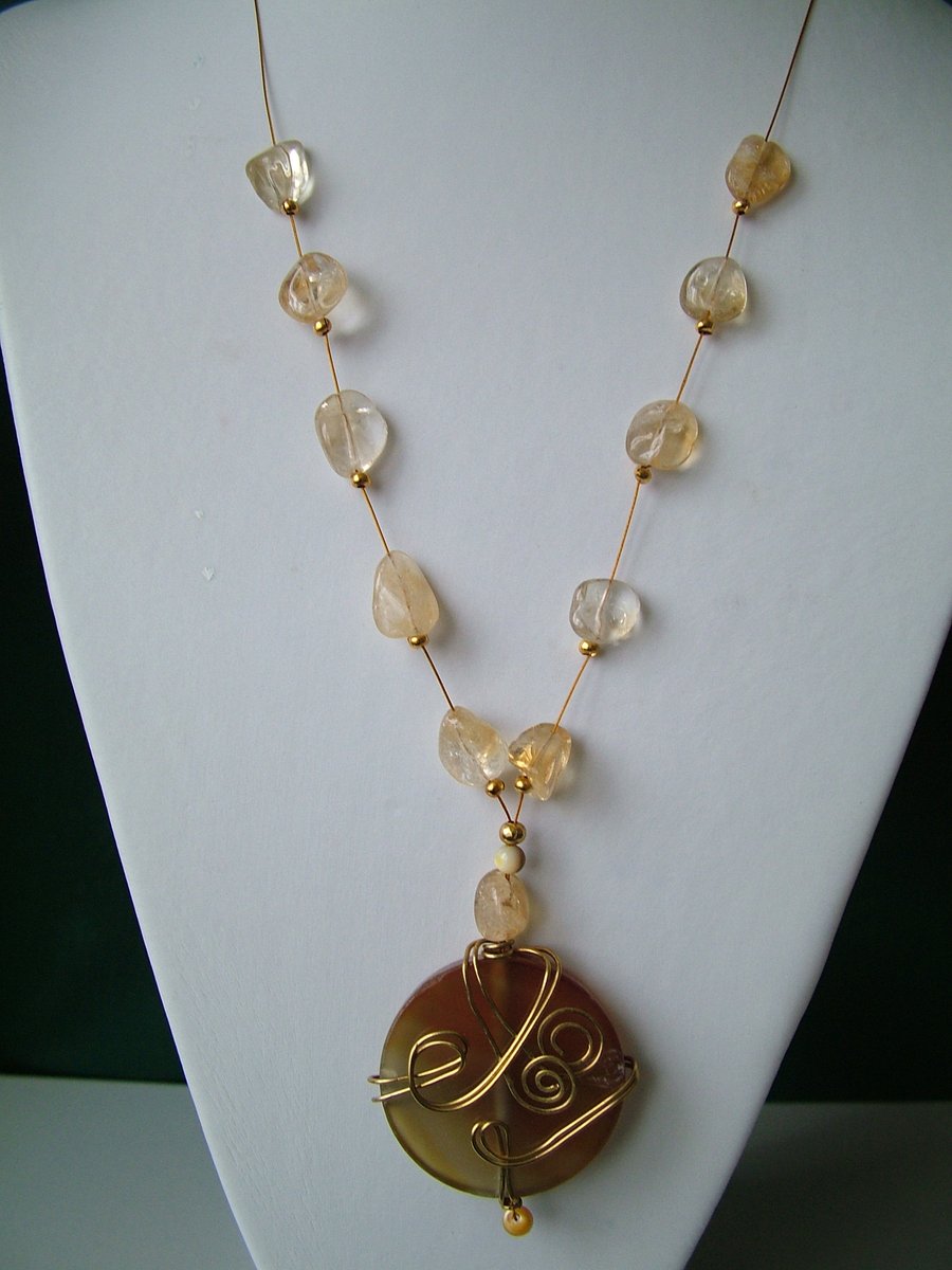 Citrine & Agate Wire Wrapped Pendant Necklace  - Handmade 