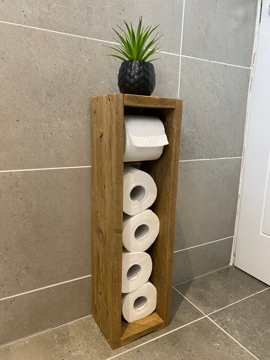 Handmade Wooden Toilet Roll Holder with Shelf - Free Standing - Bathroom Storage