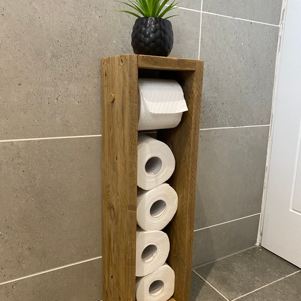 Handmade Wooden Toilet Roll Holder with Shelf - Free Standing - Bathroom Storage
