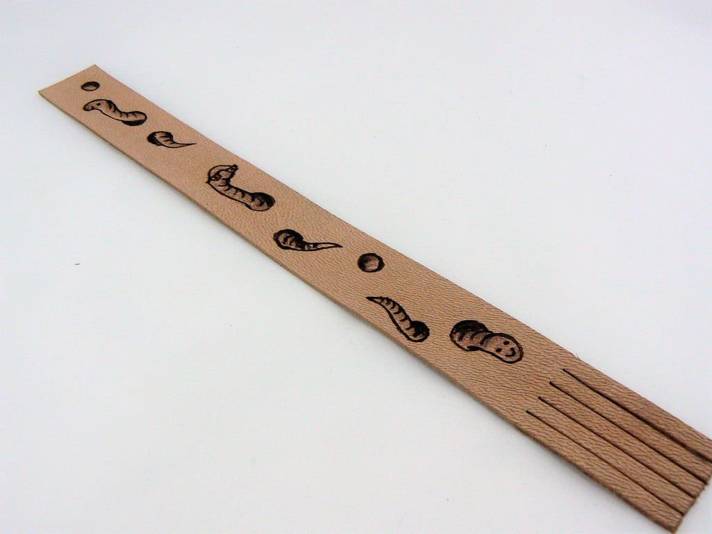 pyrographed book mark  featuring bookworm design