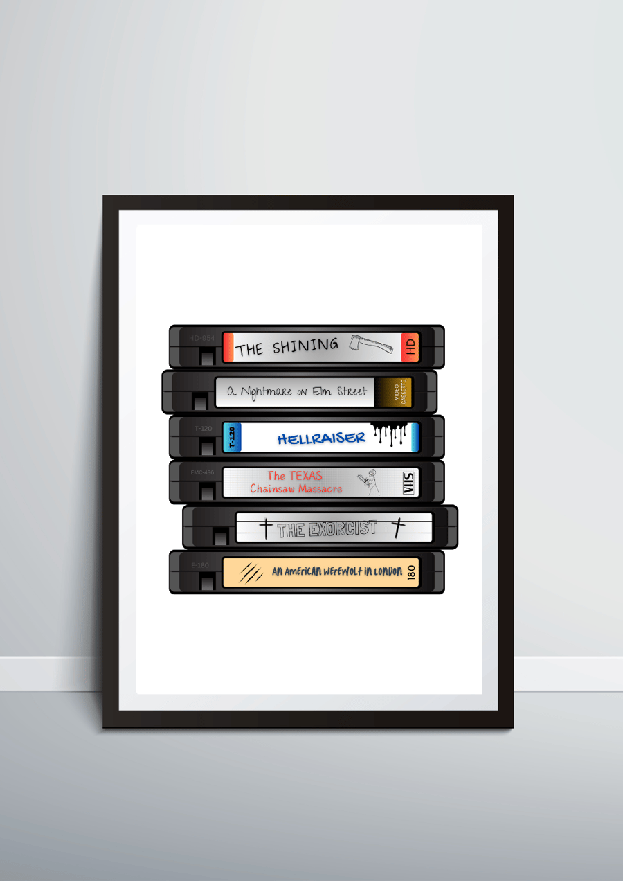 A4 Movie Art, VHS stack, Favourite Movie, Retro, Horror, Birthday Gift,