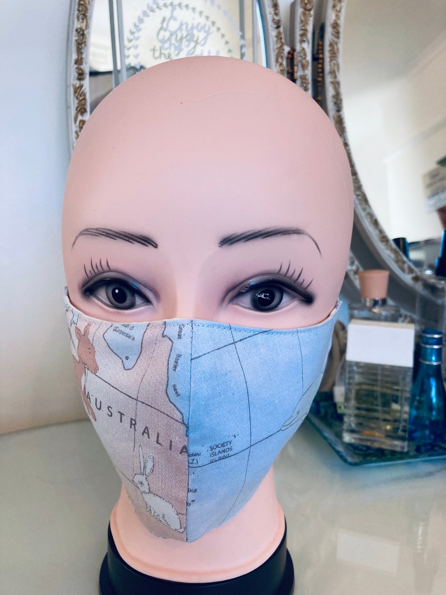 Handmade 3 layers blue Australia map reusable adult face mask.