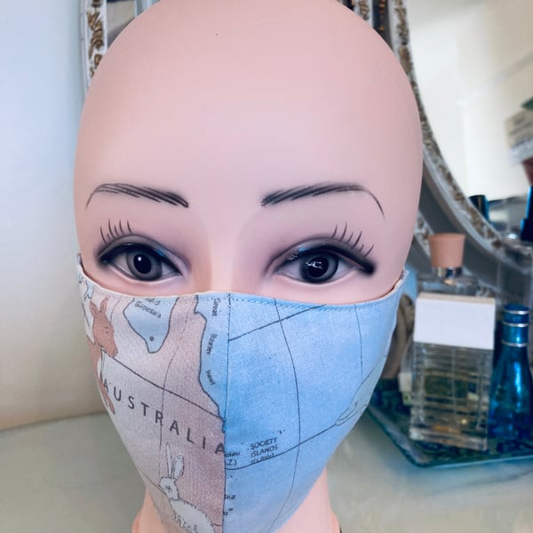 Handmade 3 layers blue Australia map reusable adult face mask.