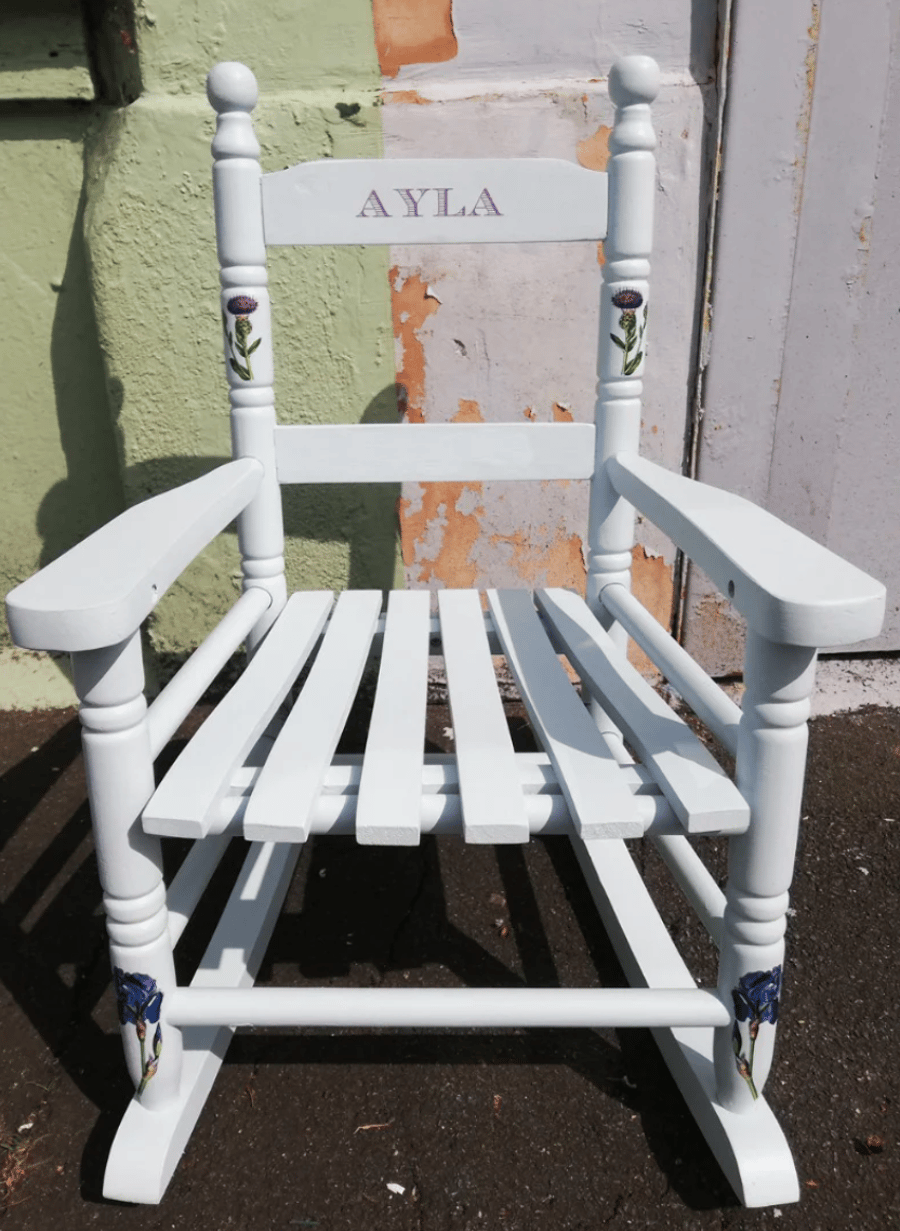 Personalised children's rocking chair with flower theme made to order