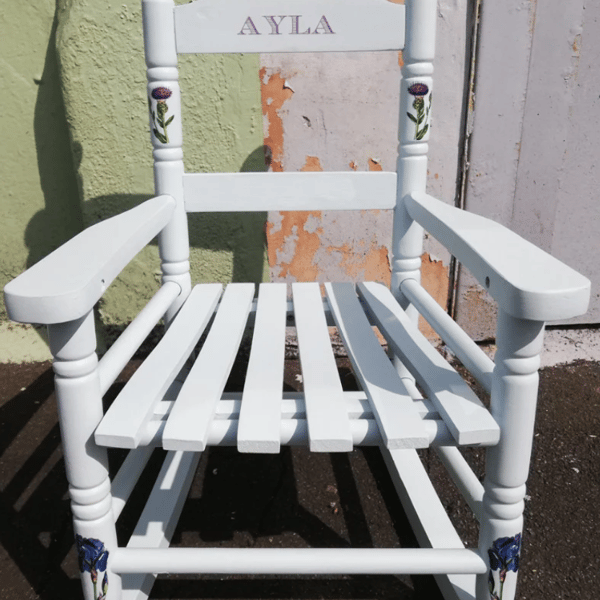 Personalised children's rocking chair with flower theme made to order