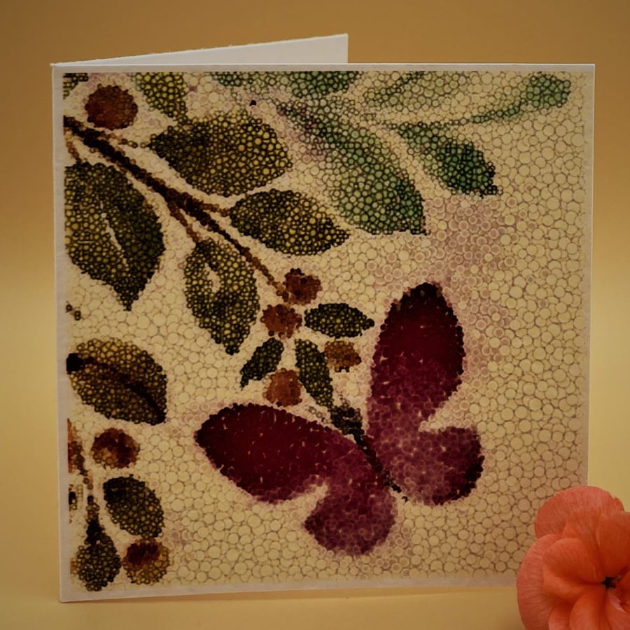 Blank Greetings Card, Butterfly, flower buds & purple berries, no message. 