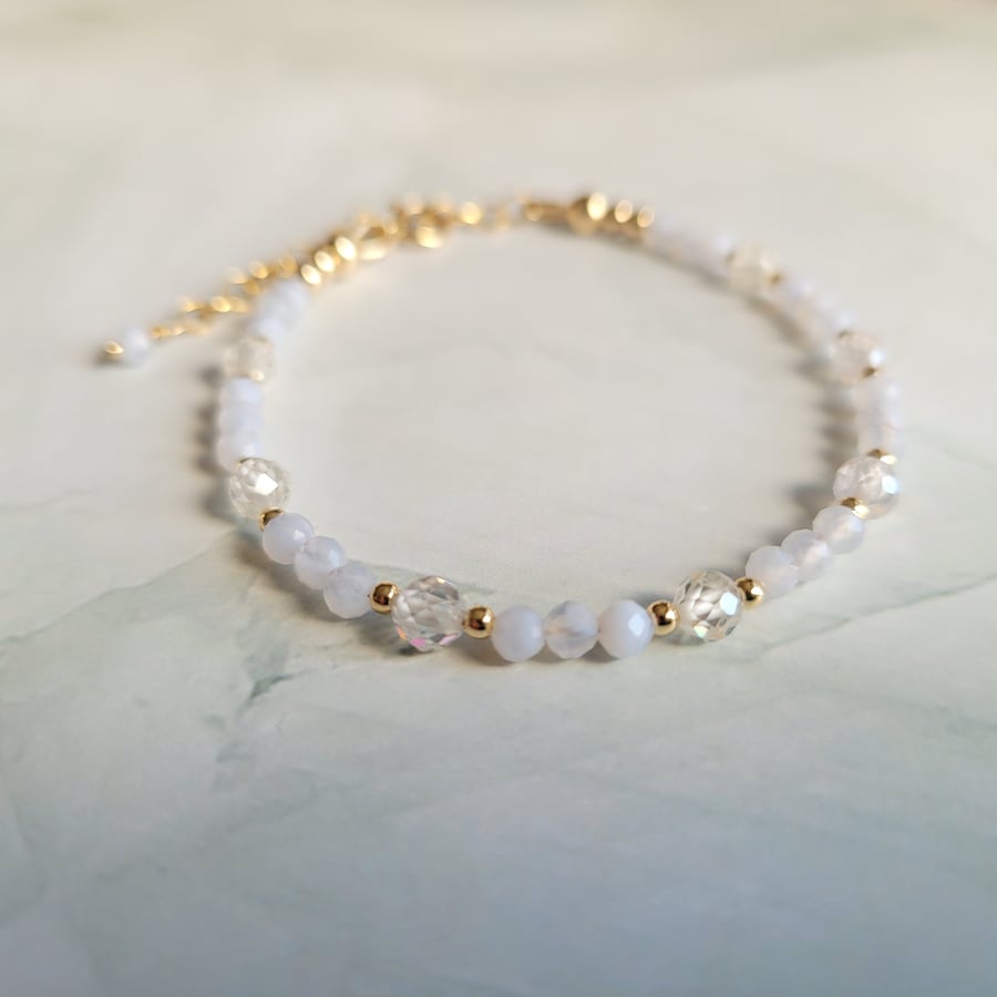 Handmade Gemstone Bracelet with Chalcedony and Cubic Zirconia 14kt Gold Filled