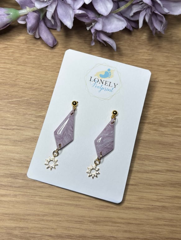 Lilac Polymer Clay Earrings with Zircon Sun  Charms - Lightweight 