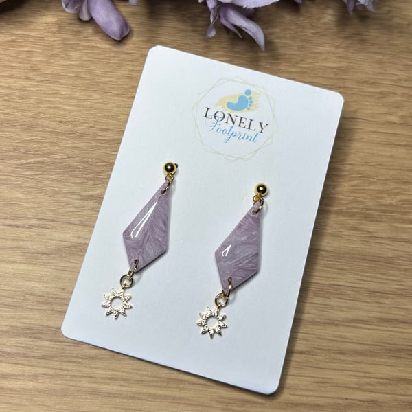 Lilac Polymer Clay Earrings with Zircon Sun  Charms - Lightweight 