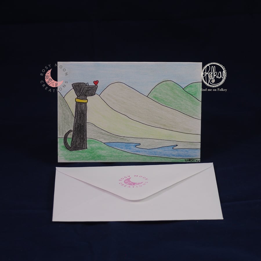 Black Dog Gazing Over the Landscape, Blank Card