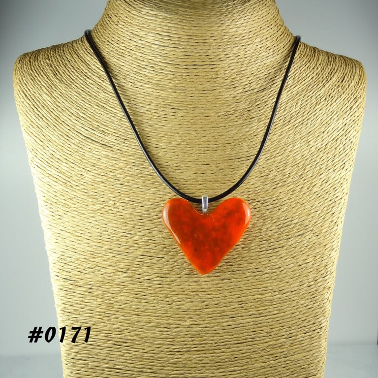 Orange handcrafted fused glass heart pendant on a black leather cord (0171)