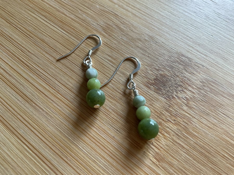 Natural green Jade and Peace Jade Sterling silver dainty earrings