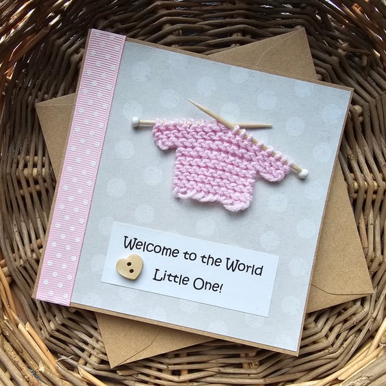 Pink Welcome to the World New Baby Card with Knitted Jumper Size 5" x 5"